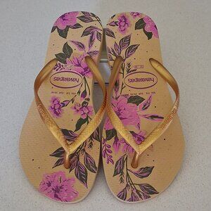 Havaianas Slim Organic Golden Orchid Floral Flip Flops Women's Size 7/8